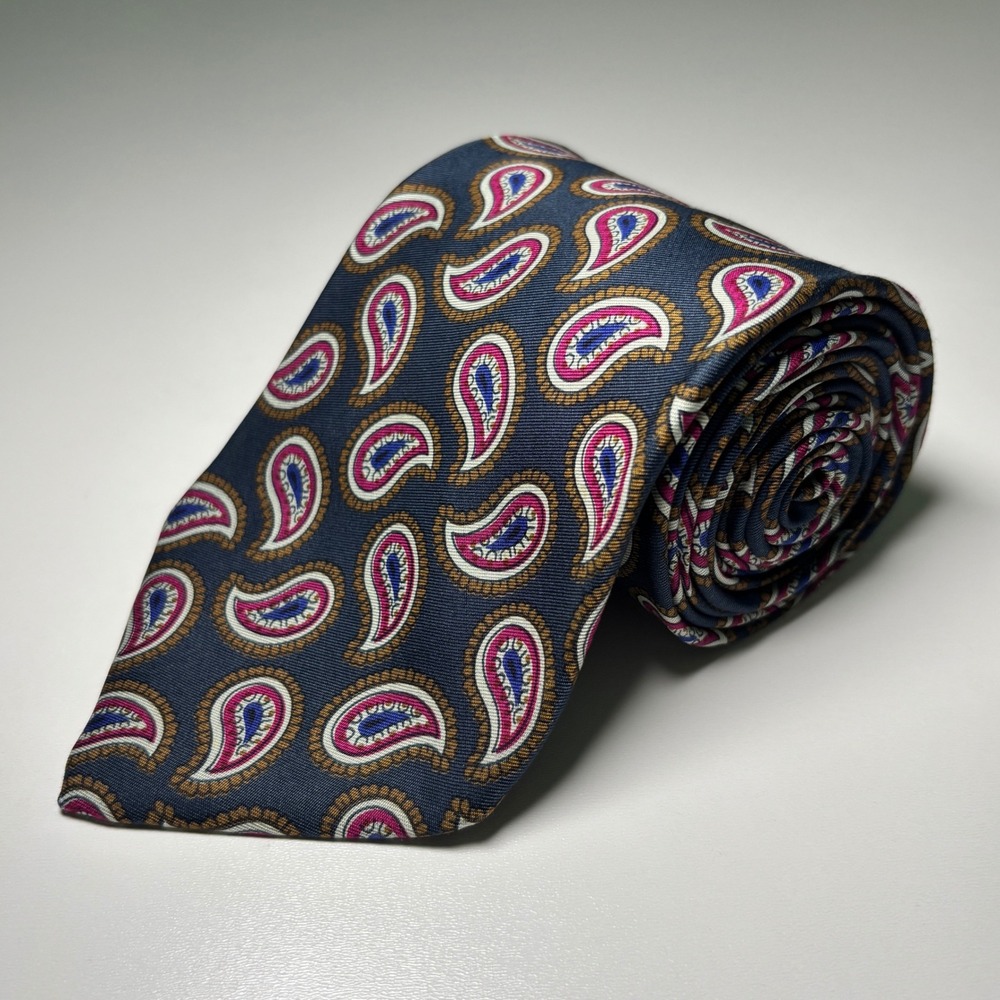 Brooks Brothers Makers Paisley Silk Tie Navy Blue Pink Vintage Necktie Made USA